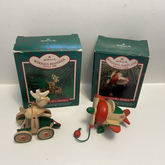 Hallmark Wooden Christmas Ornament Dated 1986 Reindeer, 1988 Airplane - Picture 1 of 3